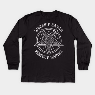 Worship Satan Respect Women - Satanic Baphomet Goat Head Kids Long Sleeve T-Shirt